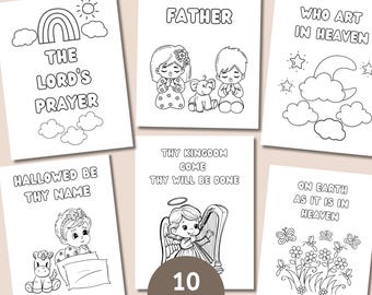 May include: A set of 10 colouring pages featuring The Lord's Prayer with black and white line art illustrations of children, an angel with a harp, clouds, a rainbow, flowers, and butterflies. Each page includes text from the prayer.