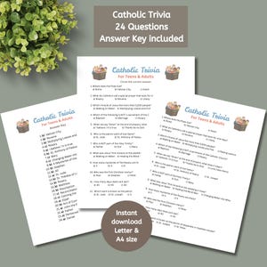 May include: A set of Catholic Trivia game sheets for teens and adults. The sheets include 24 questions and an answer key. The text on the sheets is in black font on a white background. The game is available for instant download in Letter and A4 sizes.