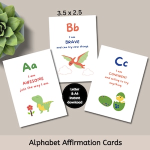 Tarjetas de afirmación imprimibles del alfabeto de dinosaurios, inspiración positiva diaria para niños, baraja de autocuidado, baraja motivacional "Soy", notas para la lonchera