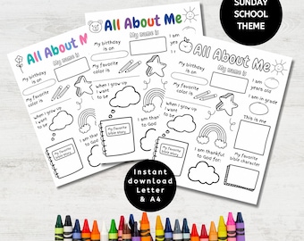 Sunday School All About Me, Preschool Questionnaire, Printable Activity for Kids, Back to School , Favorite Things, Get to Know Me