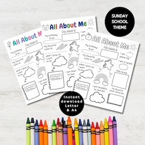 Sunday School All About Me, Preschool Questionnaire, Printable Activity for Kids, Back to School , Favorite Things, Get to Know Me