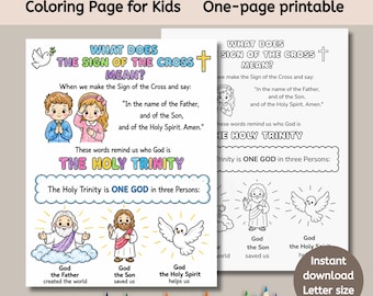 May include: A printable coloring page for kids titled "The Holy Trinity." The page features illustrations of the Father, Son, and Holy Spirit, with text explaining the Sign of the Cross. Includes a set of colored pencils at the bottom.