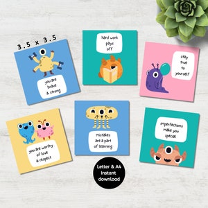Tarjetas de Afirmaciones de Monstruos, Citas Positivas Divertidas e Imprimibles para Adolescentes, Afirmaciones de Salud Mental, Tarjetas de Autoestima para Jóvenes