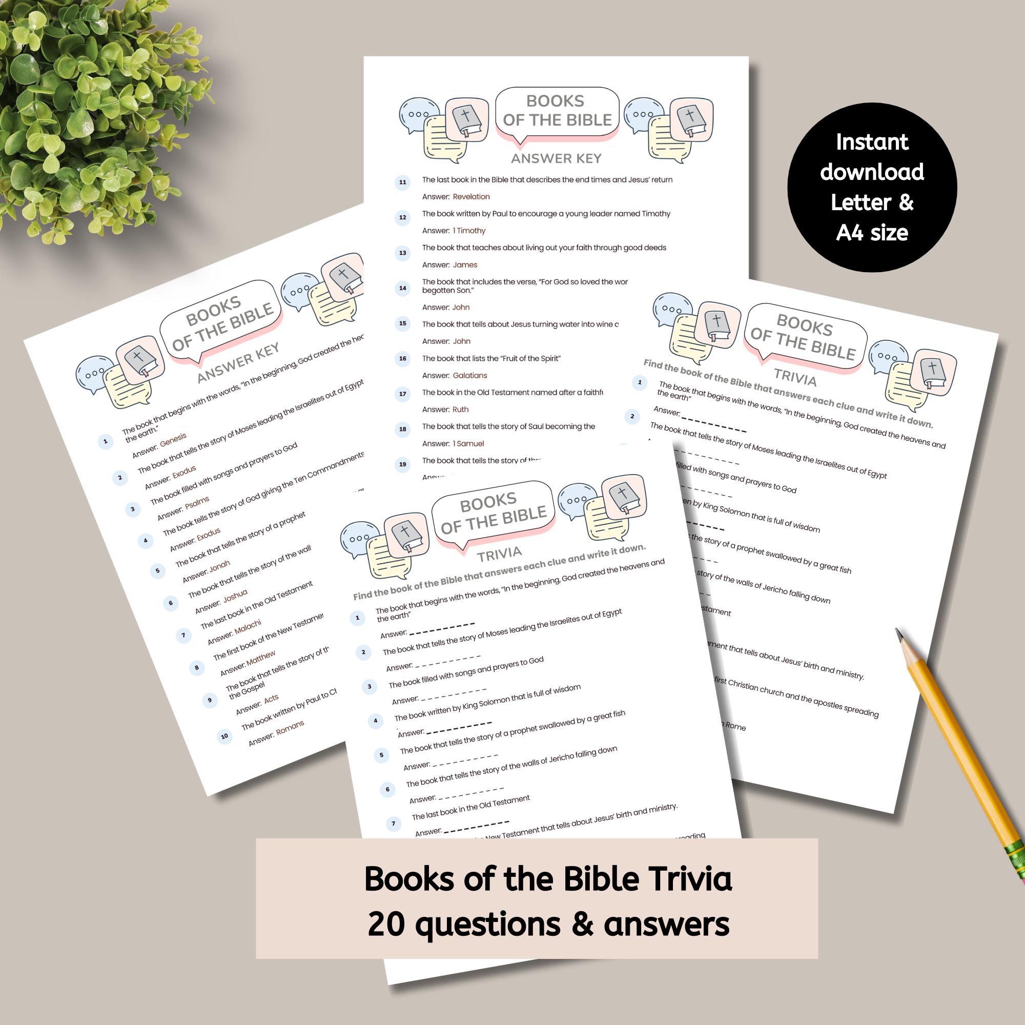 Books of the Bible Trivia, Printable Church Quiz for Kids, Youth - Etsy