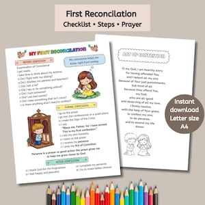 First Reconciliation Printable for Kids, Catholic Checklist & Guide, First Confession Worksheet, Act of Contrition Prayer