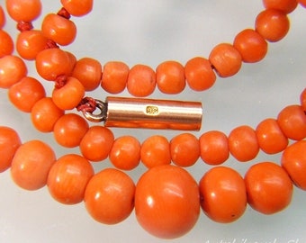 1860s Antique Victorian Natural Undyed Mediterranean Precious Salmon Orange Coral Graduating Bead Necklace 9ct Gold Barrel Clasp