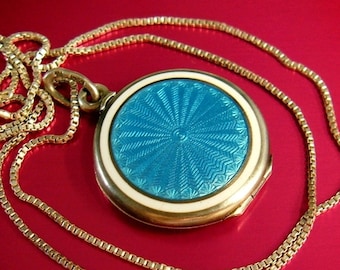 c.1909 Antique Edwardian Royal Blue Guilloche Enamel Sterling Silver 935 Round Pendant Locket on Vintage 925 Silver Chain, Maker Mark