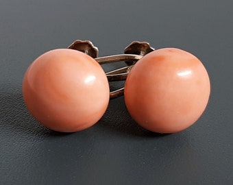 Large Antique Edwardian Natural Pink Salmon Coral 14k Gold Earrings Screw Backs