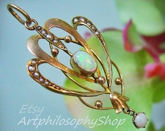 1900s Antique Art Nouveau Opal Cabochon Pearl Genuine Gemstone 9ct Gold Lavaliere Pendant Drop Dangle Edwardian Era Rare Collectable Jewelry