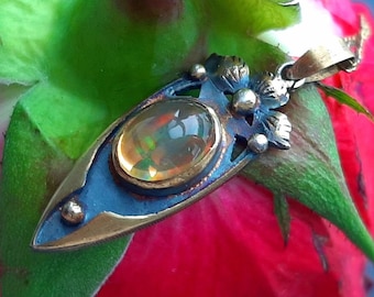 Rare c.1920 Arts Crafts Brandt Sterling Silver Genuine Fire Opal Gemstone Pendant with Maker&#39;s Mark on Vintage Chain