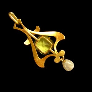 Antique 14k Gold Diamond Peridot Gemstone Enamel Art Nouveau Lavaliere Pendant by Krementz c.1910 Pearl Dangle Drop Edwardian Fine Jewelry image 7