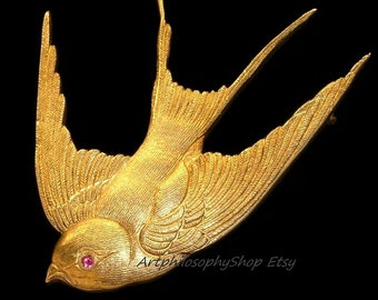 Antique Art Nouveau Fine Silver Gilt Ruby Gemstone Handmade Swallow Brooch Pin c.1900 Large Spectacular Jewelry