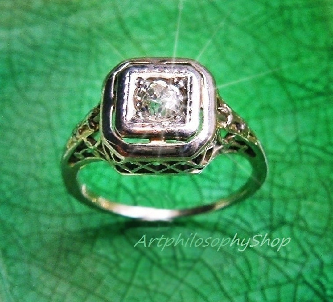 1909 Antique Diamond 18k White Gold Filigree Ring,wedding Engagement