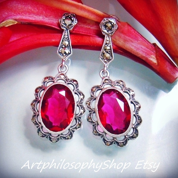 c.1920 French Silver Rose Cut Handset Marcasite Ruby Paste Dangle Earrings Early Clips Fine High Quality Collectable Jewelry Art Deco