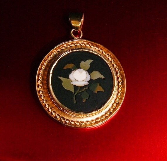 c.1870 Antique 14k Gold Pendant Pietre Dure Rose … - image 2