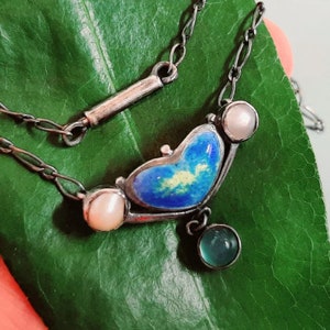 c.1900 Sterling Silver Enamel Arts Crafts Pearl Chrysoprase Cabochon Antique Necklace, Pendant on Chain, Fine Collectable Jewelry
