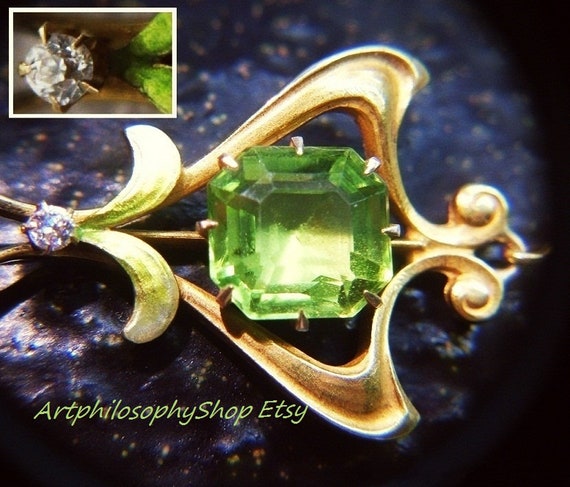 Antique 14k Gold Diamond Peridot Gemstone Enamel … - image 2
