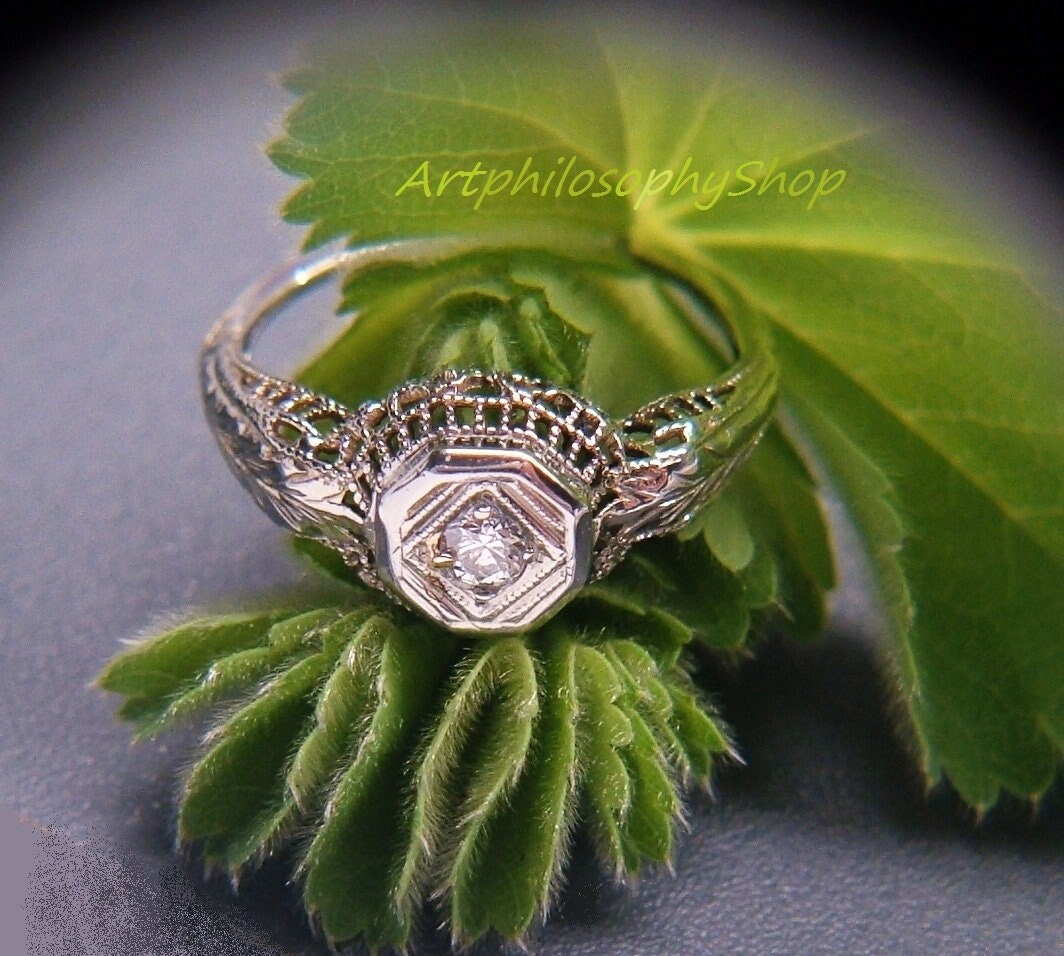 c.1915 Antique Filigree 14k White Gold Solitaire Diamond Wedding Engagement Promise Ring Fine Collectable Jewelry Edwardian Belle Epoque