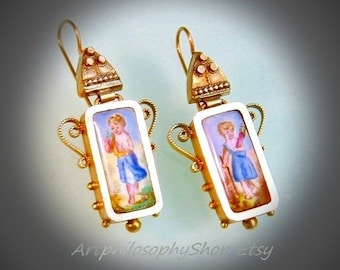 Antique c.1840 Enamel Cupids Earrings 10k French Wires Low Karat Yellow Gold Georgian Art Fine Collectable Jewelry