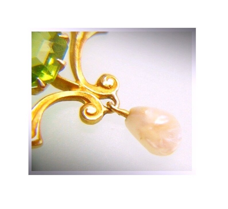 Antique 14k Gold Diamond Peridot Gemstone Enamel Art Nouveau Lavaliere Pendant by Krementz c.1910 Pearl Dangle Drop Edwardian Fine Jewelry image 5