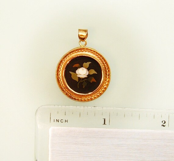 c.1870 Antique 14k Gold Pendant Pietre Dure Rose … - image 6