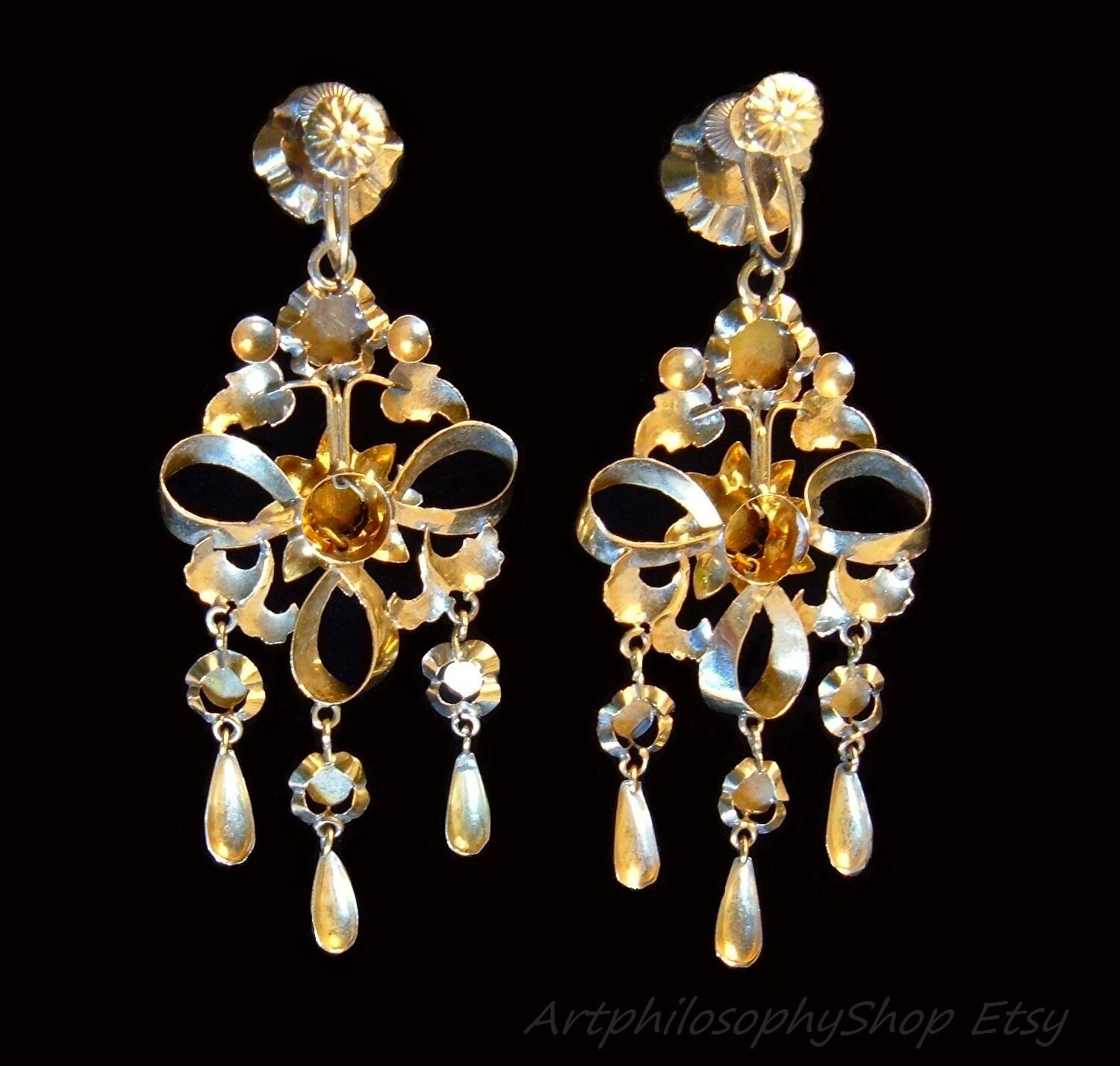 C.1830 Antique 18k Gold Genuine Pearls Long Girandole Chandelier Dangle ...