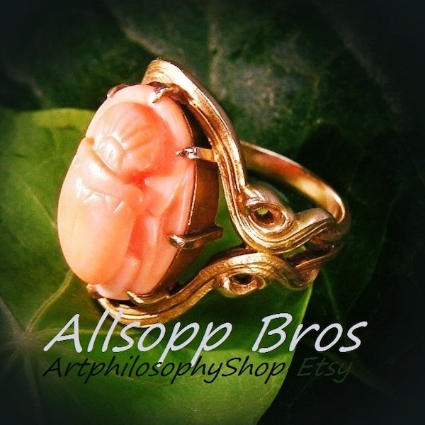 c.1900 Art Nouveau Allsopp 14k Gold Precious Pink Salmon Coral Carved Scarab Ring Antique Egyptian Revival American Fine Collectable Jewelry