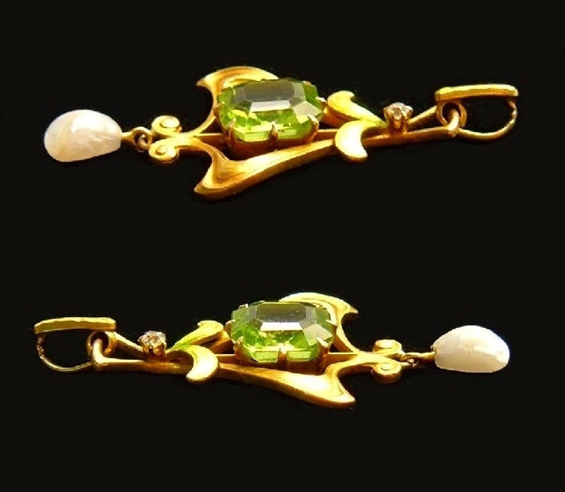 Antique 14k Gold Diamond Peridot Gemstone Enamel Art Nouveau Lavaliere Pendant by Krementz c.1910 Pearl Dangle Drop Edwardian Fine Jewelry image 8