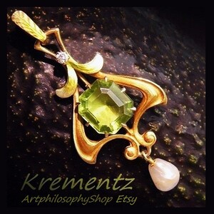 Antique 14k Gold Diamond Peridot Gemstone Enamel Art Nouveau Lavaliere Pendant by Krementz c.1910 Pearl Dangle Drop Edwardian Fine Jewelry image 6