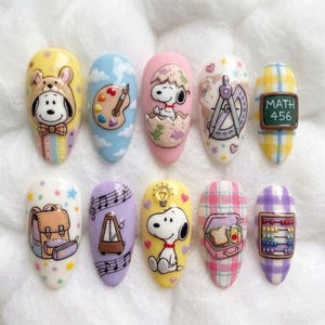 Back to School 3D Press On Nails | Cute White Puppy Study Theme Fake Nails | Math & Art Class Aesthetic Nails | Fun Daily Nails