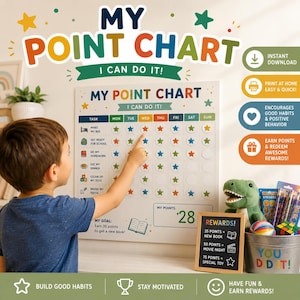May include: A white rectangular point chart with colorful text reading MY POINT CHART I CAN DO IT, featuring a grid for daily tasks, star stickers, and a rewards section. The chart includes rows for tasks like making the bed and brushing teeth.