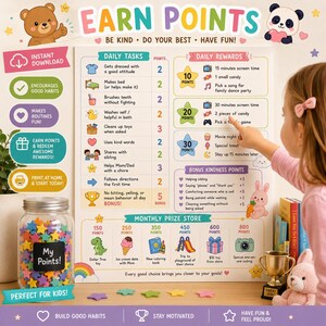 May include: A colorful printable chore chart titled EARN POINTS with sections for daily tasks, rewards, bonus kindness points, and a monthly prize store. The chart features cartoon illustrations of a bear, panda, and rabbit with text.