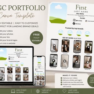 May include: A digital UGC portfolio Canva template displayed on a laptop, phone, and print. The design features a light background with green and blue accents, showcasing video examples and social media links. Text includes "UGC Portfolio" and "Canva Template."