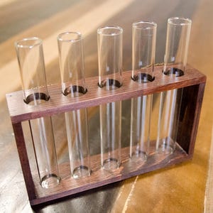 May include: A wooden test tube rack holds five clear glass tubes. The rack is made of dark brown wood and has a rectangular shape. The tubes are cylindrical and stand upright, showcasing a science or laboratory theme.