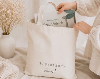 Personalisierte Freundebuch Tasche aus Bio-Baumwolle | Kindertasche mit Name | Kita, Kindergarten & Schule | Geschenk zur Einschulung