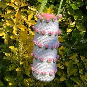 Pink Rose Crochet Water Bottle Holder