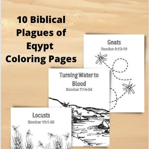 May include: Black and white coloring pages featuring illustrations of the ten plagues of Egypt from the Bible. Each page includes the name of the plague, a Bible verse reference, and a simple illustration. The pages are designed for children to color.
