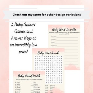 3 Baby Shower Games with Pink Theme and Answer Keys: Baby Word Scramble, Baby Word Search, Baby Animal Match