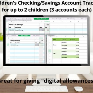Puede incluir: Una pantalla de computadora que muestra un programa de hoja de cálculo con un esquema de color verde y blanco. La hoja de cálculo se titula "Children's Checking/Savings Account Tracker for up to 2 children (3 accounts each)". La hoja de cálculo se utiliza para rastrear las finanzas de dos niños, Jimmy y Sally, con tres cuentas cada uno: cheque, ahorros 1 y ahorros 2. La hoja de cálculo incluye columnas para la fecha, la descripción, el delta y la suma. El texto "Great for giving "digital allowances" se muestra debajo de la pantalla de la computadora.