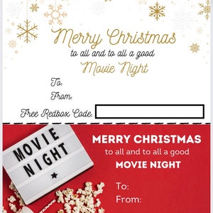 Könnte beinhalten: Ein druckbares Weihnachtsgeschenk-Zertifikat für einen Filmabend mit einem rot-weiß gestreiften Popcorn-Eimer, roten Bechern mit weißen Sternen und einem weißen Leucht-Schild mit der Aufschrift "MOVIE NIGHT". Der Text auf dem Zertifikat lautet "Frohe Weihnachten an alle und allen einen schönen Filmabend".
