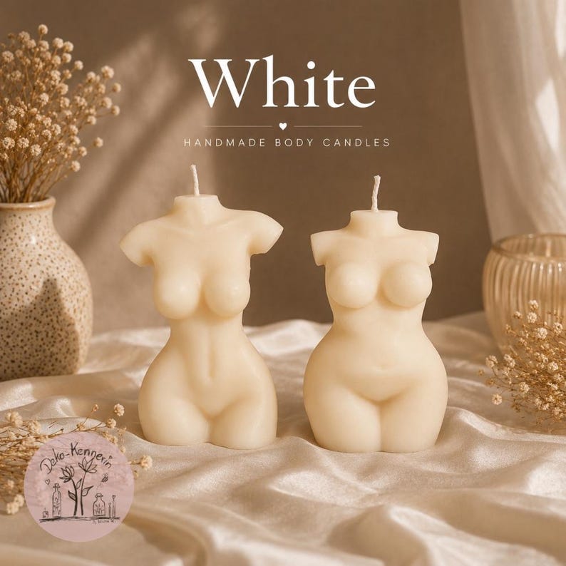 May include: Two off-white torso-shaped candles with wicks, featuring the text White HANDMADE BODY CANDLES. The candles are sculpted in the form of human torsos with defined curves, positioned upright. A circular logo with a floral sketch is visible.