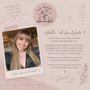 May include: A promotional graphic featuring a photograph of a smiling person with long blonde hair in a dark green fern-patterned top. The text includes 'Hallo, ich bin Nicole', 'Deko-Kennerin', and 'Danke! Deine Nicole' alongside floral line art.