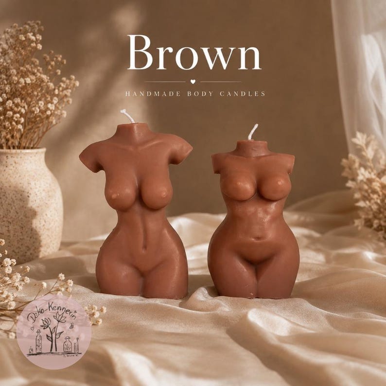 May include: Two brown torso-shaped candles with white wicks. The text "Brown" and "HANDMADE BODY CANDLES" is visible at the top. The candles feature a smooth, matte finish and represent the human form from the shoulders to the upper thighs.