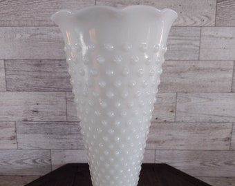 Vintage Large Hobnail Milk Glass Vase With Ruffled Rim Trumpet Style Dash Design/Vintage Farmhouse Cottage Style Vase/Vintage Home Decor