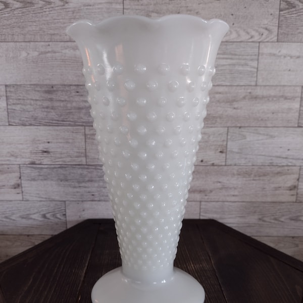 Vintage Large Hobnail Milk Glass Vase With Ruffled Rim Trumpet Style Dash Design/Vintage Farmhouse Cottage Style Vase/Vintage Home Decor