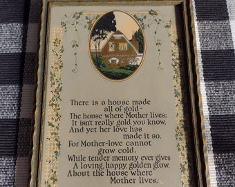 Vintage 1920’s Wood Framed Mother Lithograph Poem Artwork “There Is A House Made...”/Vintage Mother Wall Décor/Vintage Lithograph Wall Décor