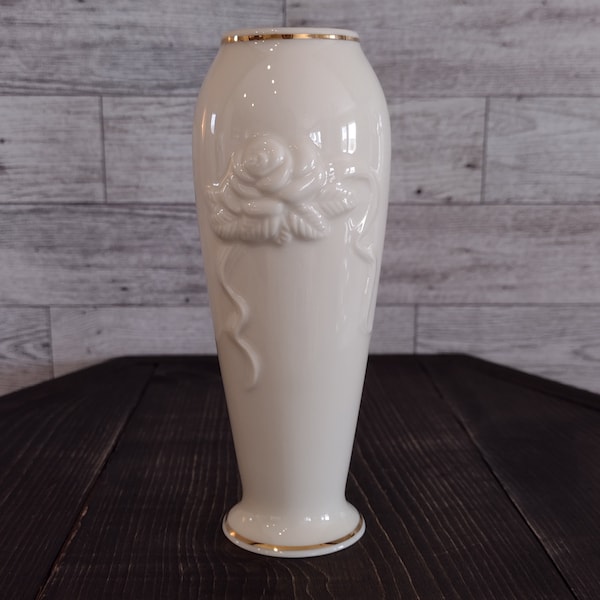 Vintage Lenox Bone China Cream White Bud Vase With Rose Relief And Gold Detail/Vintage Lenox Cream Bud Vase Gold Detail/Vintage Ceramic Vase