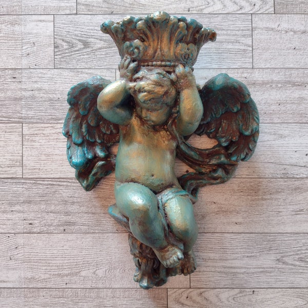 Vintage Antiqued Turquoise Blue Green Cherub Candle Holder Resin/Vintage Gallery Wall Cherub Taper Candle Sconce/Vintage Wall Home Décor