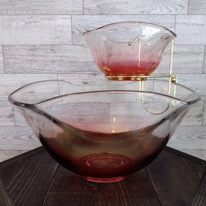 Vintage Mid Century Indiana Glass Ruby Red Pink Chip Dip Salad Serving Set/Vintage Pink Ombre Glass Chip And Dip Bowls/Vintage Serving Bowls