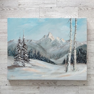 Vintage Original Hand Painted Winter Mountain Snow Landscape Scene Pine Trees Acrylic Oil Painting Canvas No Frame/Vintage Gallery Wall Art